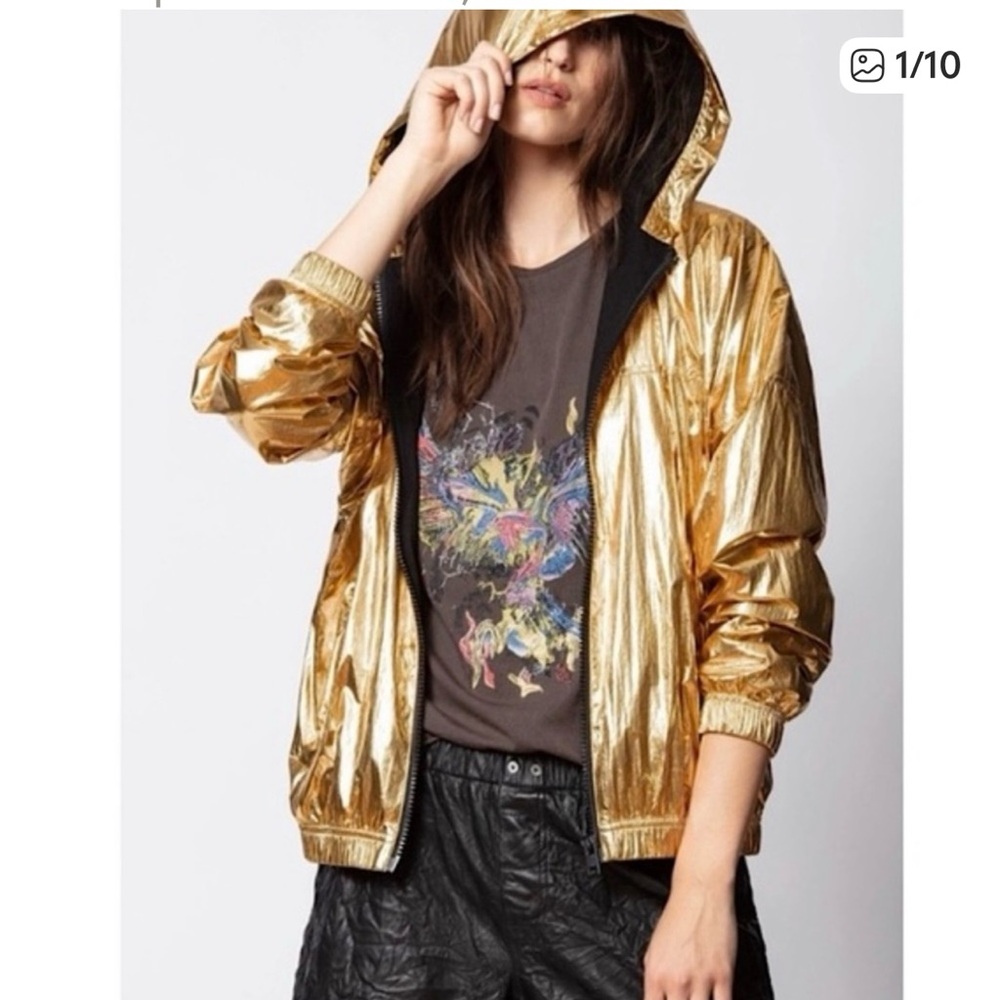 NWOT Zadig & Voltaire Koody Metallic Gold Hooded Jacket size large